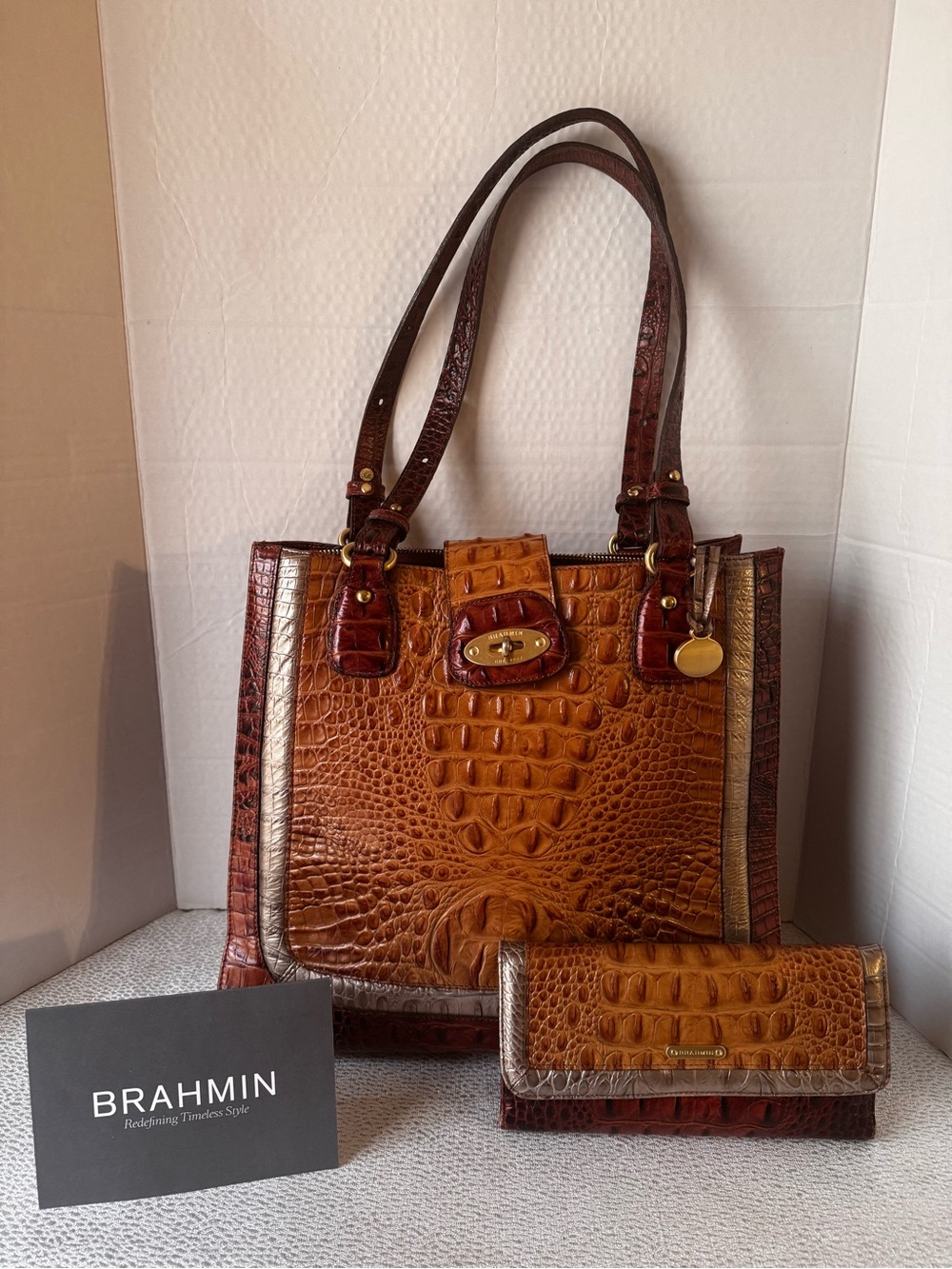 Brahmin Moonlight Tri-color Croc-Embossed Leather Tote with Matching Wallet